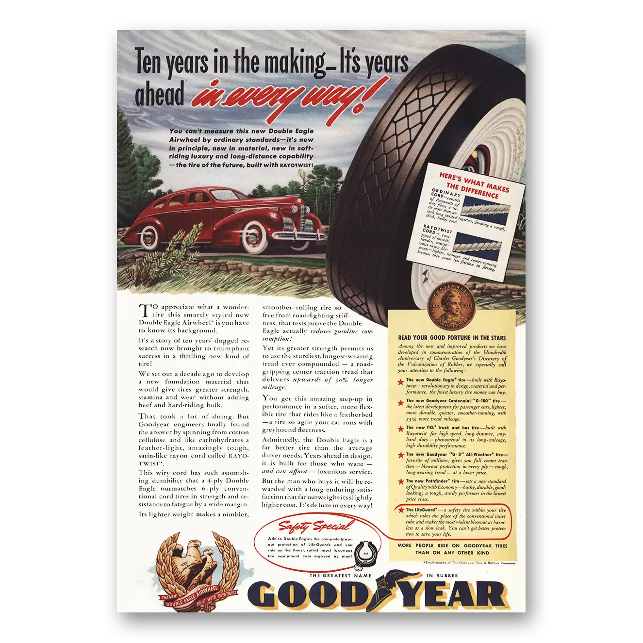 1939 Goodyear Tires Ten Years In the Making Vintage Magazine Print Ad