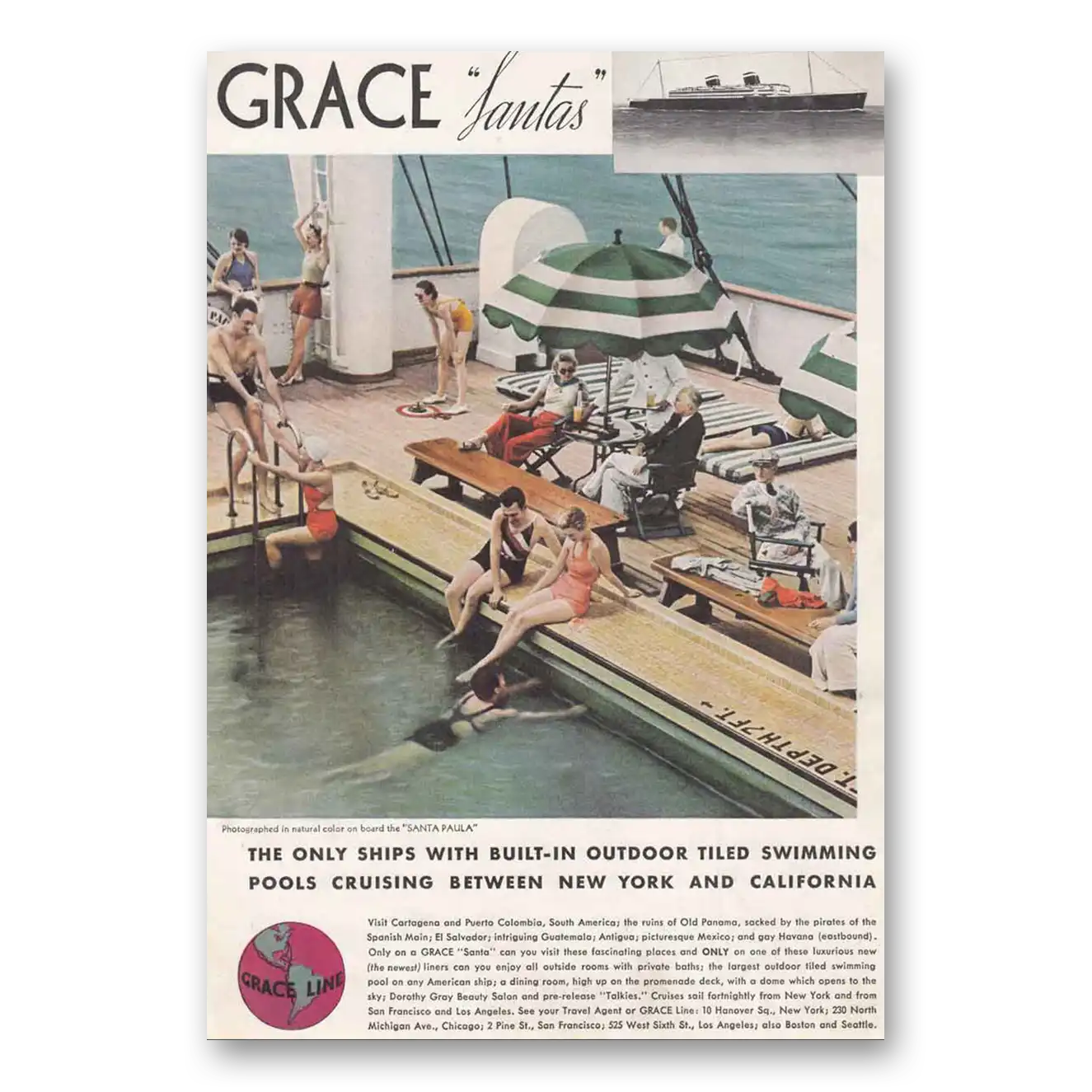 1935 Grace Line Santa Paula Outdoor Tiled Swimming Pools Vintage Magazine Print Ad