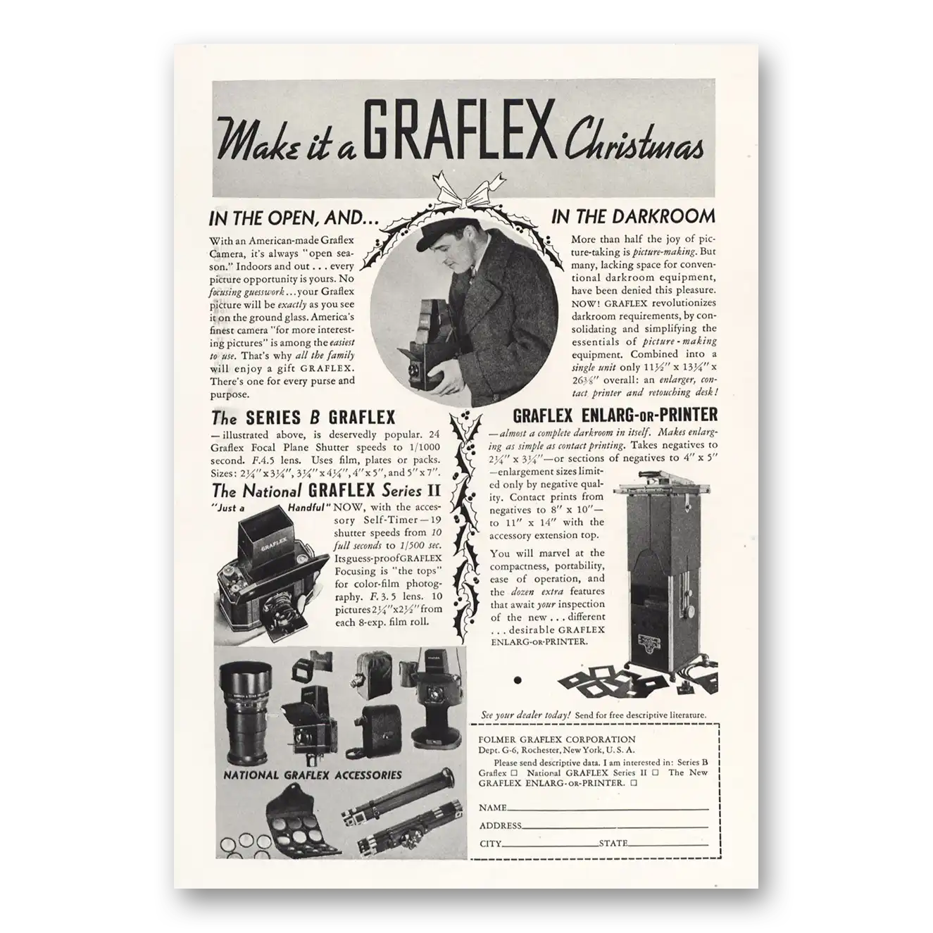 1935 Graflex Cameras Open and In the Darkroom Vintage Magazine Print Ad