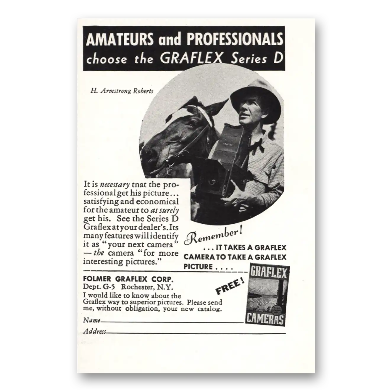 1935 Graflex Cameras Series D H Armstrong Roberts Vintage Magazine Print Ad