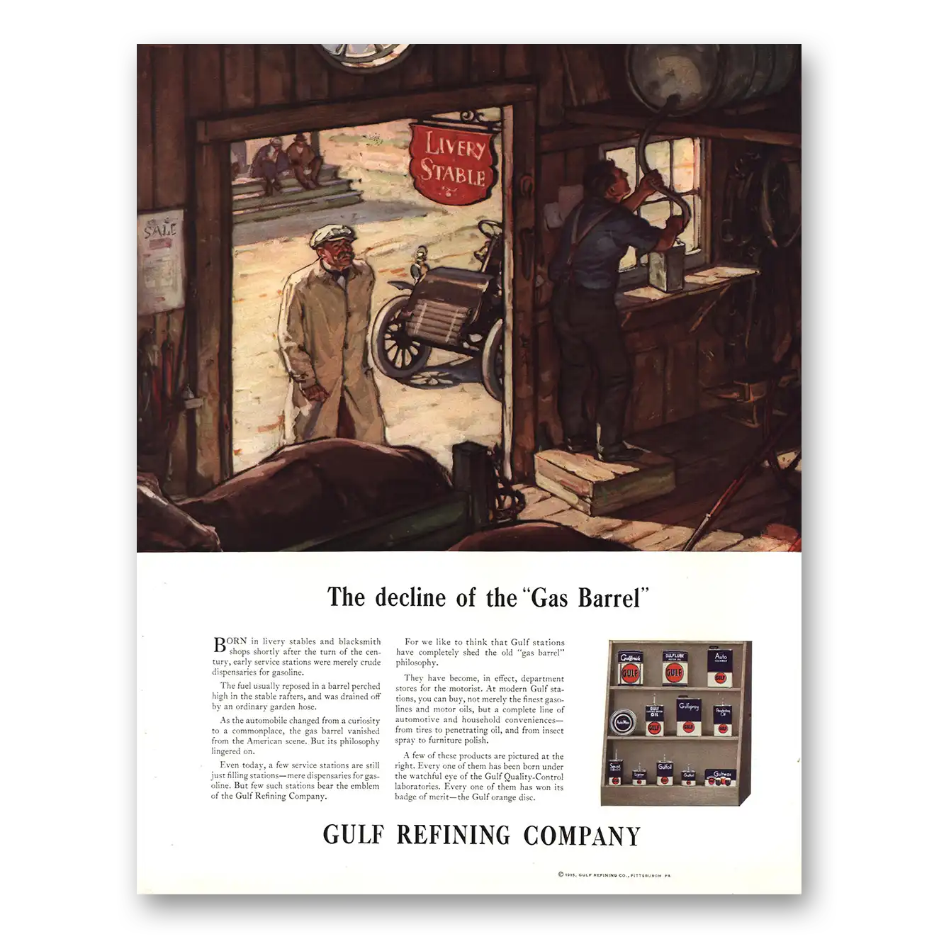 1935 Gulf Refining Decline of the Gas Barrel Livery Stable Vintage Magazine Print Ad