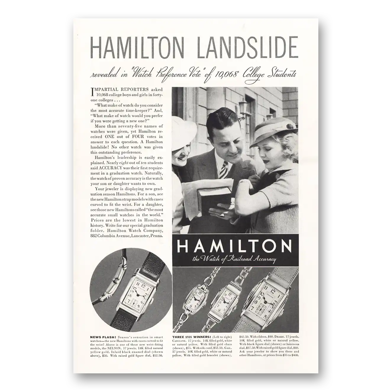 1935 Hamilton Watch Landslide Watch Preference Vote Vintage Magazine Print Ad