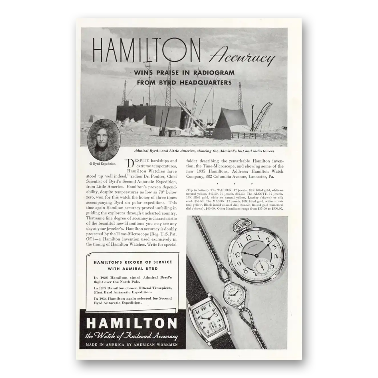 1935 Hamilton Watch Wins Praise In Radiogram From Byrd Headquarters Vintage Magazine Print Ad