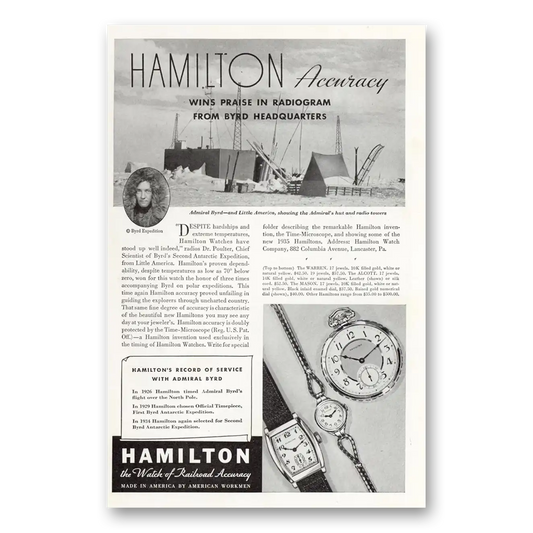 1935 Hamilton Watch Wins Praise In Radiogram From Byrd Headquarters Vintage Magazine Print Ad