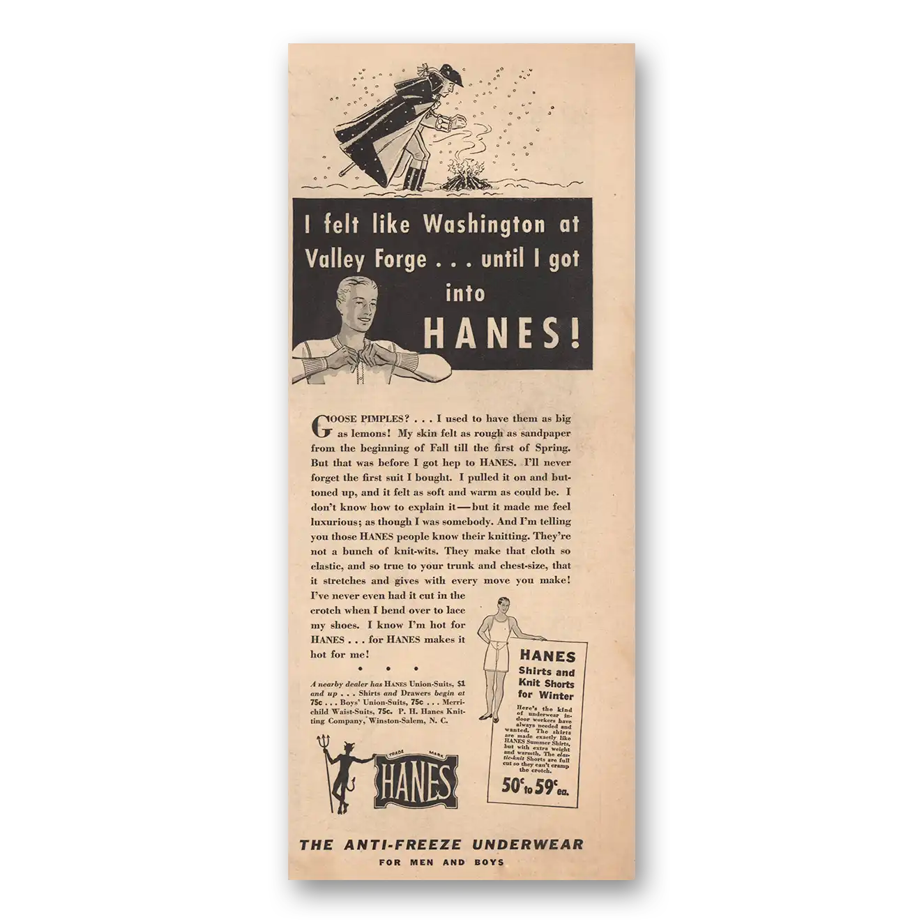 1935 Hanes Underwear Washington at Valley Forge Vintage Magazine Print Ad