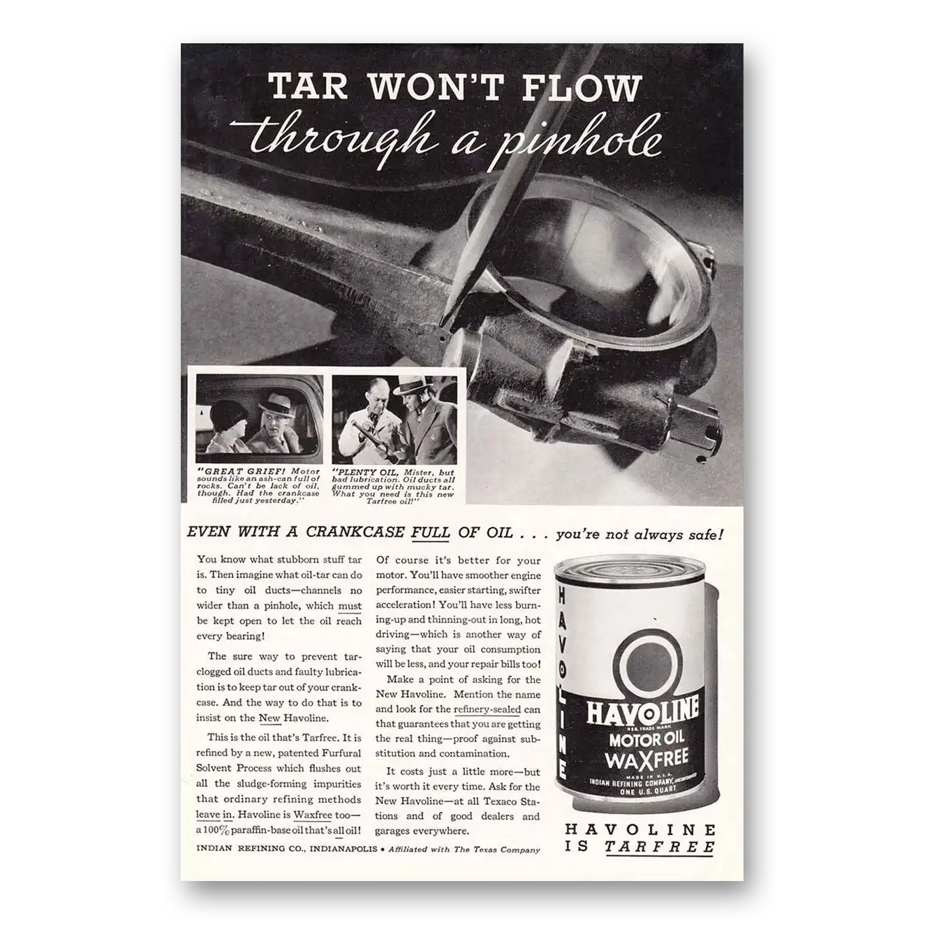 1935 Havoline Motor Oil Tar Pinhole Vintage Magazine Print Ad