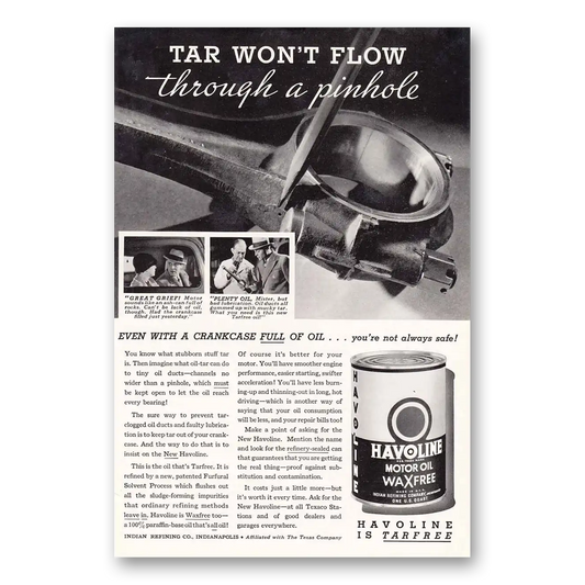 1935 Havoline Motor Oil Tar Pinhole Vintage Magazine Print Ad