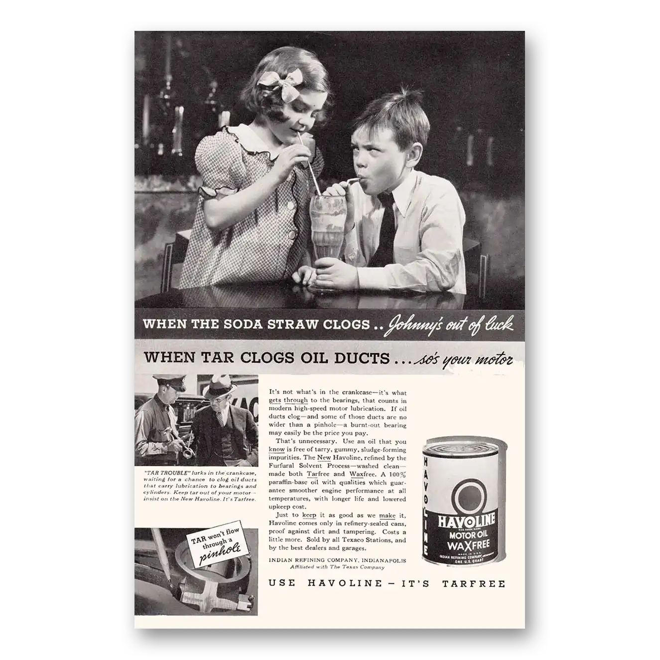 1935 Havoline Motor Oil Wax Free Soda Straw Clogs Vintage Magazine Print Ad