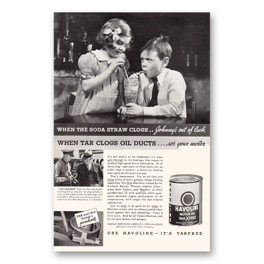 1935 Havoline Motor Oil Wax Free Soda Straw Clogs Vintage Magazine Print Ad