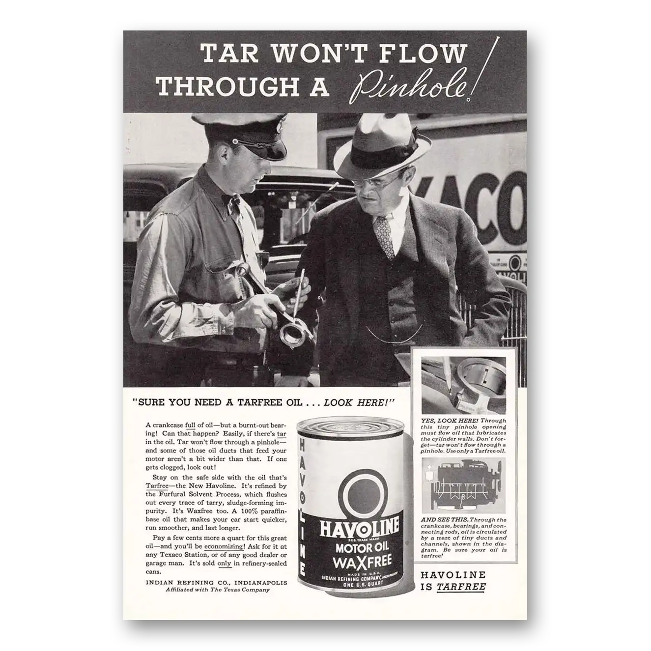 1935 Havoline Motor Oil Tar Won't Flow Vintage Magazine Print Ad