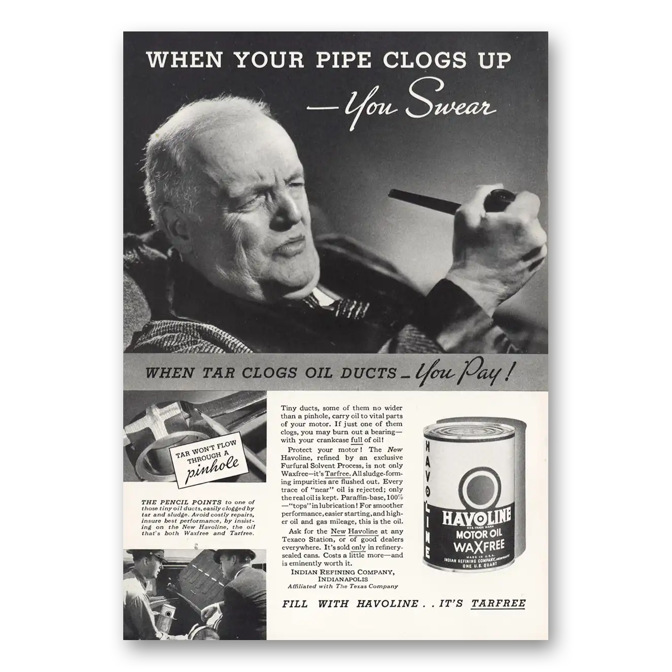 1935 Havoline Motor Oil Pipe Clogs You Swear Vintage Magazine Print Ad