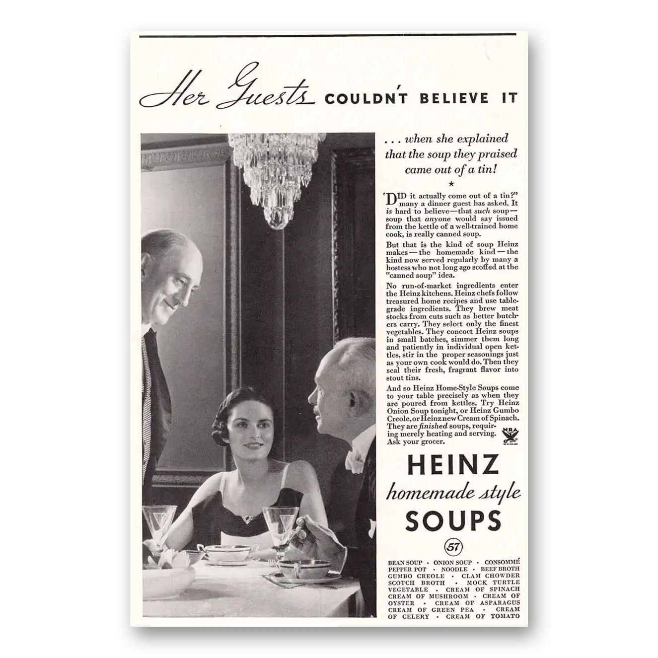 1935 Heinz Soups Her Guests Vintage Magazine Print Ad