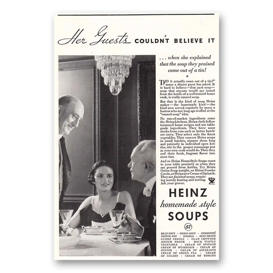 1935 Heinz Soups Her Guests Vintage Magazine Print Ad