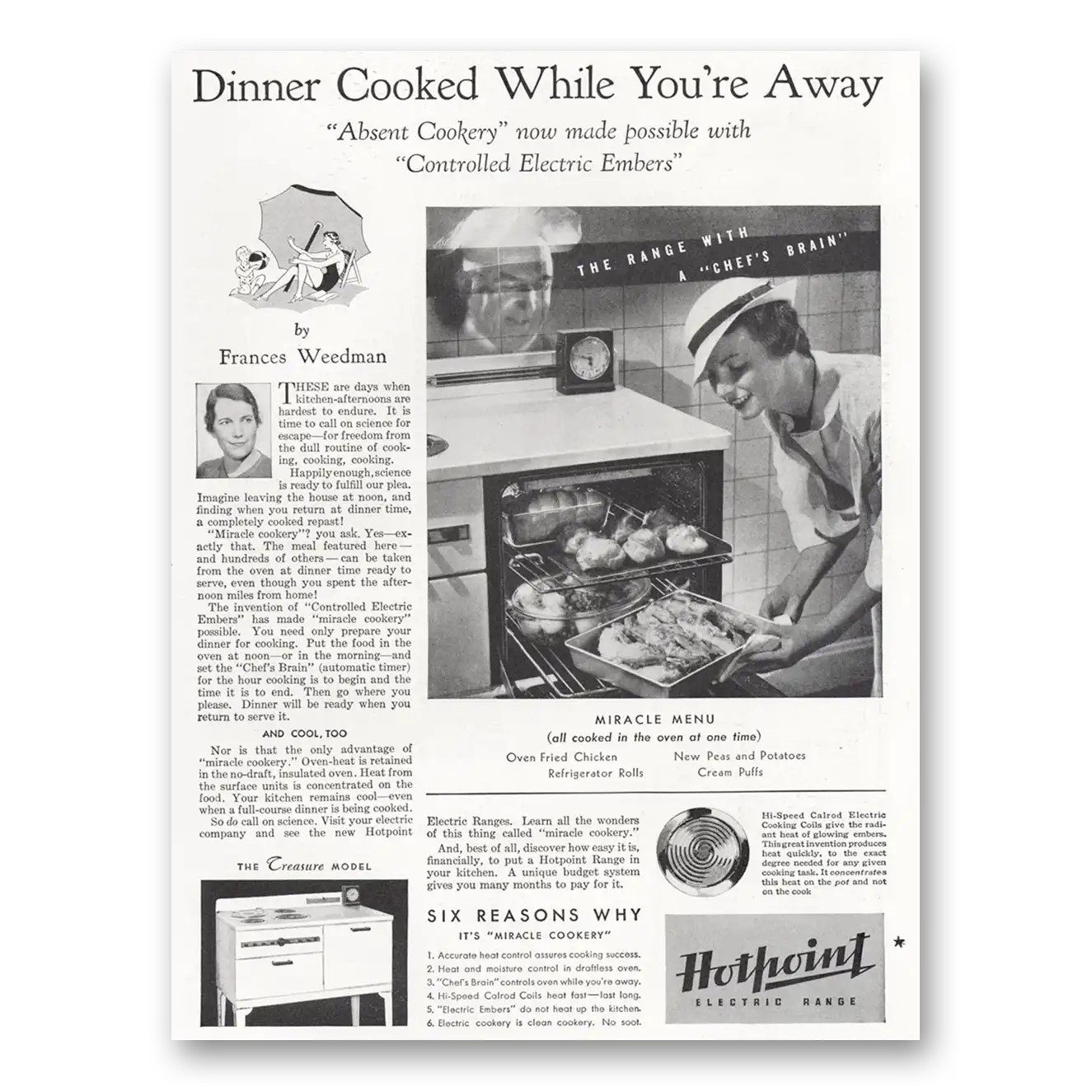 1935 Hotpoint Electric Range Oven Dinner Cooked While You're Away Vintage Magazine Print Ad