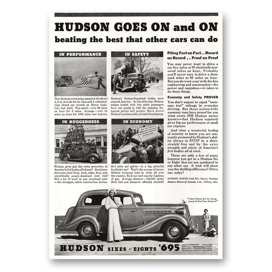 1935 Hudson Motor Car Goes On and On Vintage Magazine Print Ad