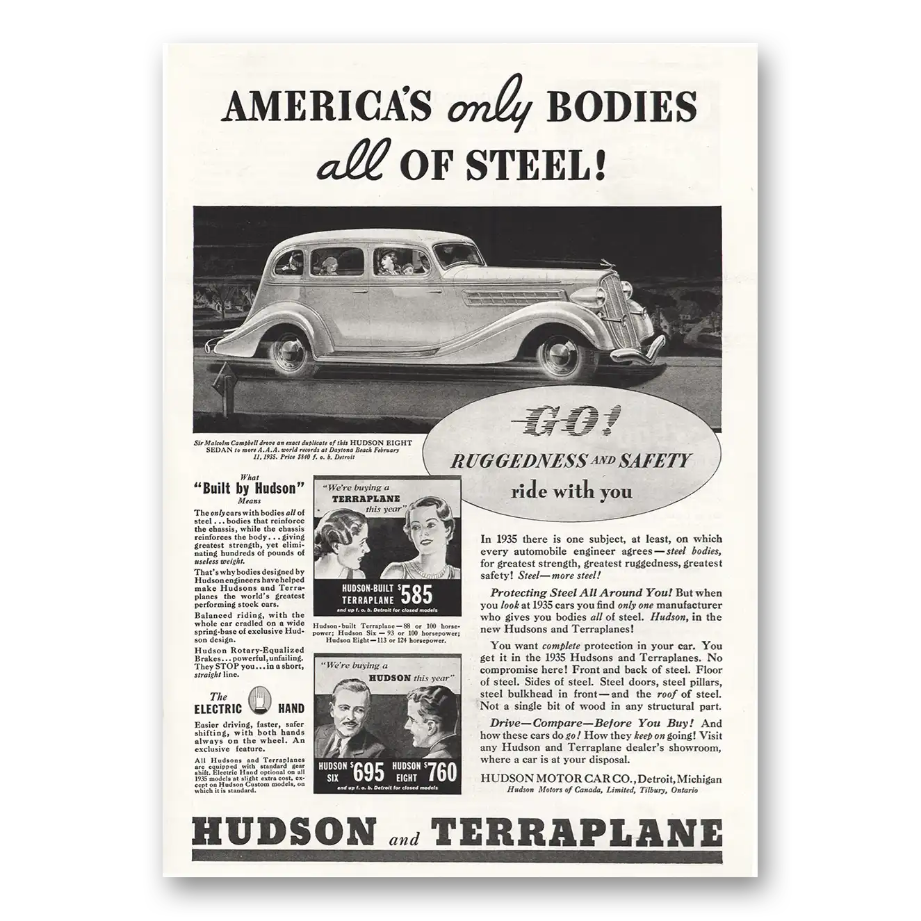 1935 Hudson Motor Car Only Bodies All Steel Terraplane Vintage Magazine Print Ad