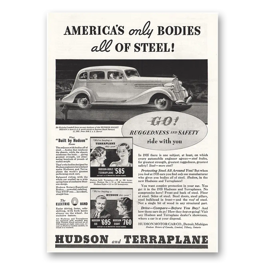 1935 Hudson Motor Car Only Bodies All Steel Terraplane Vintage Magazine Print Ad