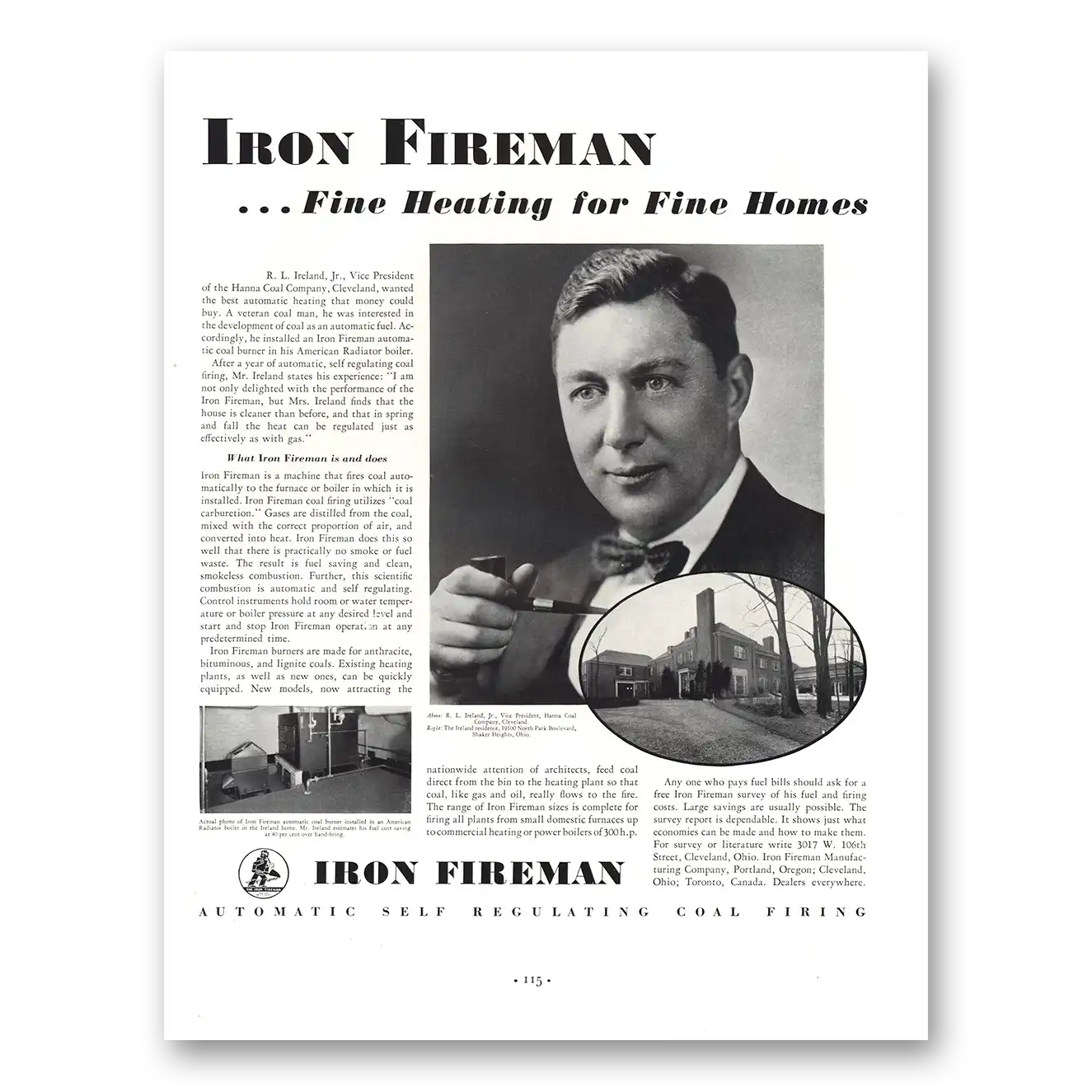 1935 Iron Fireman Fine Heating Fine Homes Vintage Magazine Print Ad