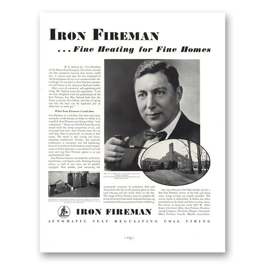 1935 Iron Fireman Fine Heating Fine Homes Vintage Magazine Print Ad