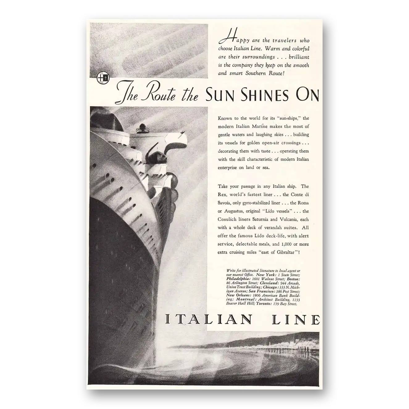 1935 Italian Line Route That Sun Shines Vintage Magazine Print Ad