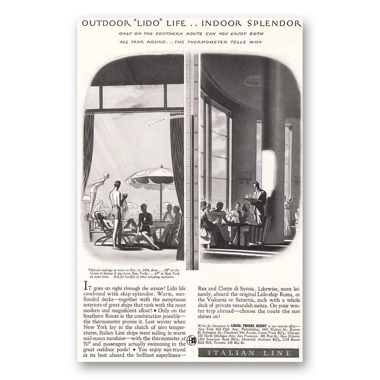 1935 Italian Line Outdoor Lido Life Indoor Splendor Vintage Magazine Print Ad