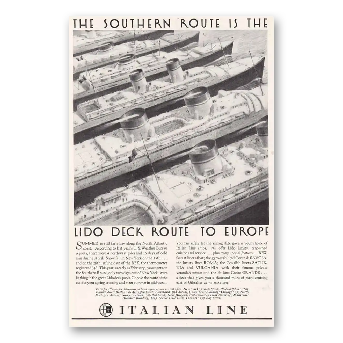 1935 Italian Line Southern Route Lido Deck Route Vintage Magazine Print Ad