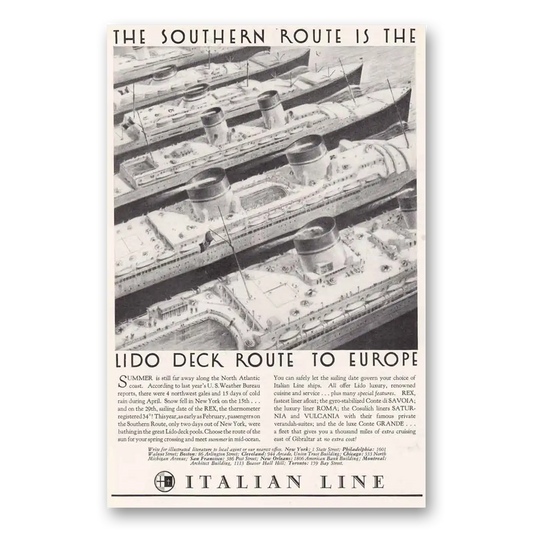 1935 Italian Line Southern Route Lido Deck Route Vintage Magazine Print Ad