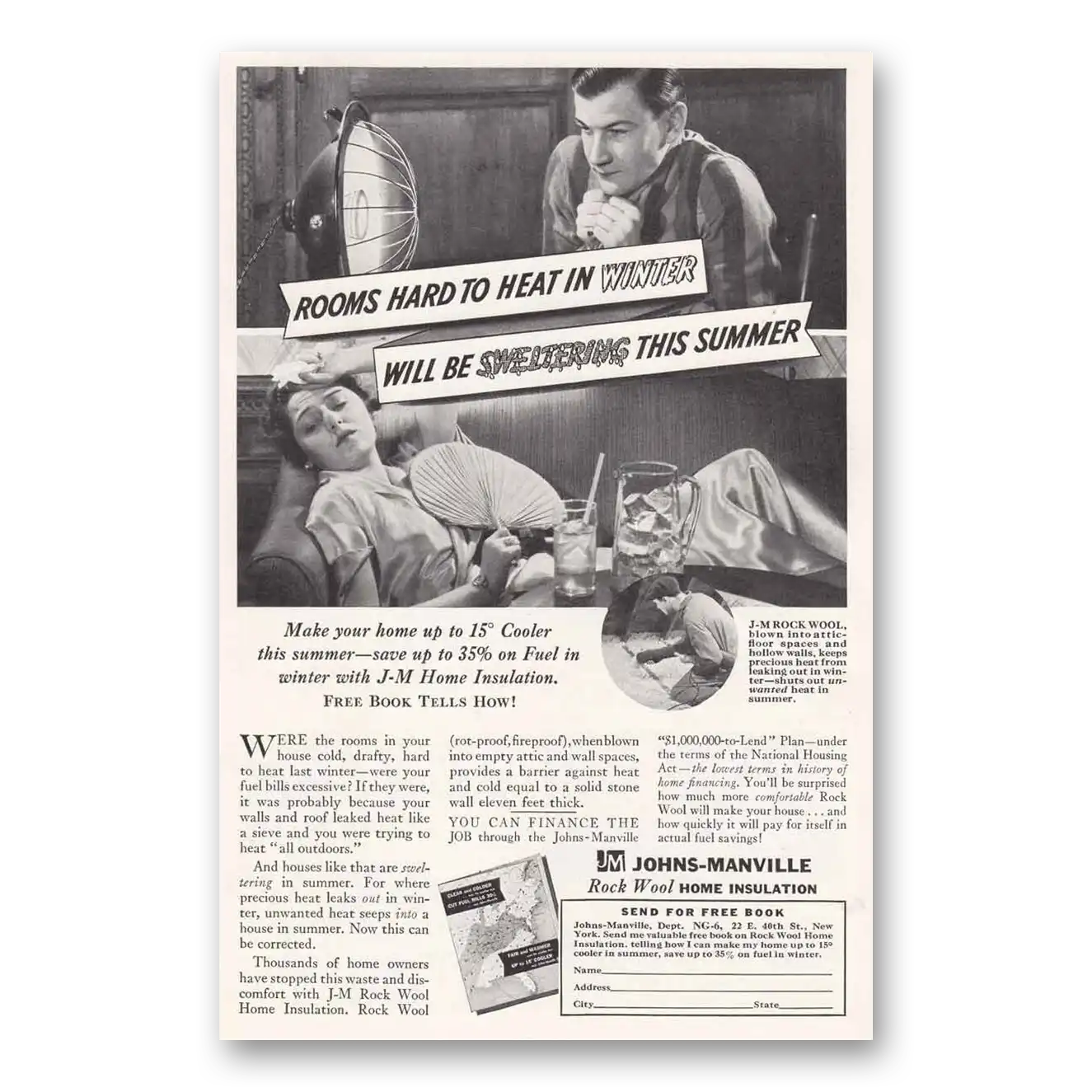 1935 Johns Manville Rooms Hard to Heat in Winter Vintage Magazine Print Ad