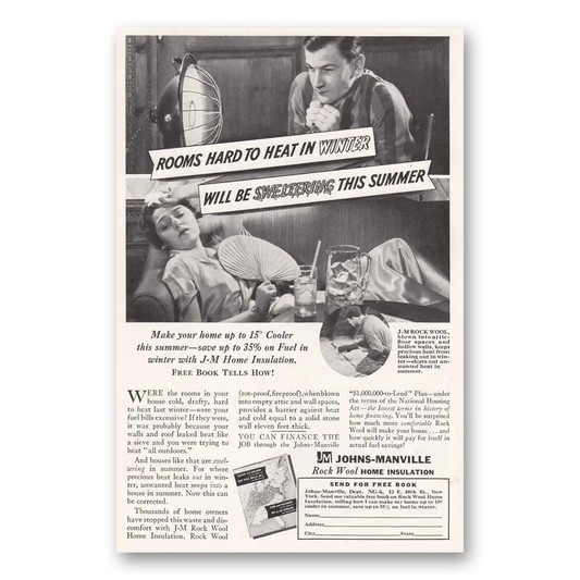 1935 Johns Manville Rooms Hard to Heat in Winter Vintage Magazine Print Ad