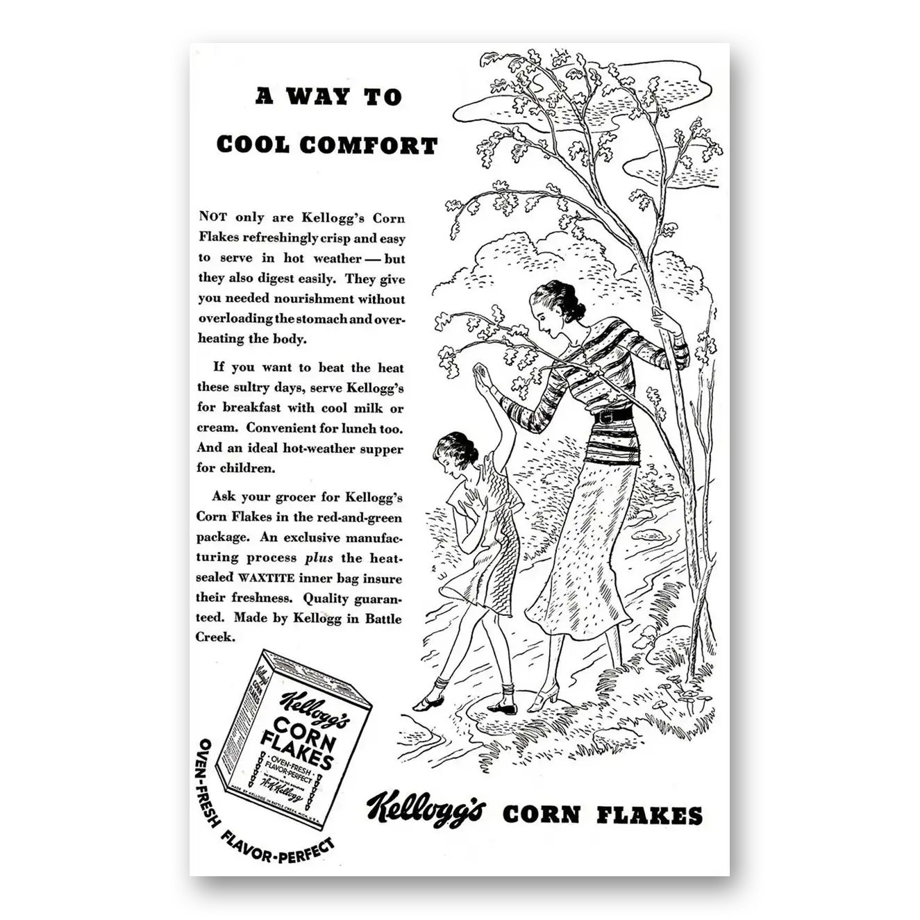 1935 Kelloggs Corn Flakes Cool Comfort Vintage Magazine Print Ad