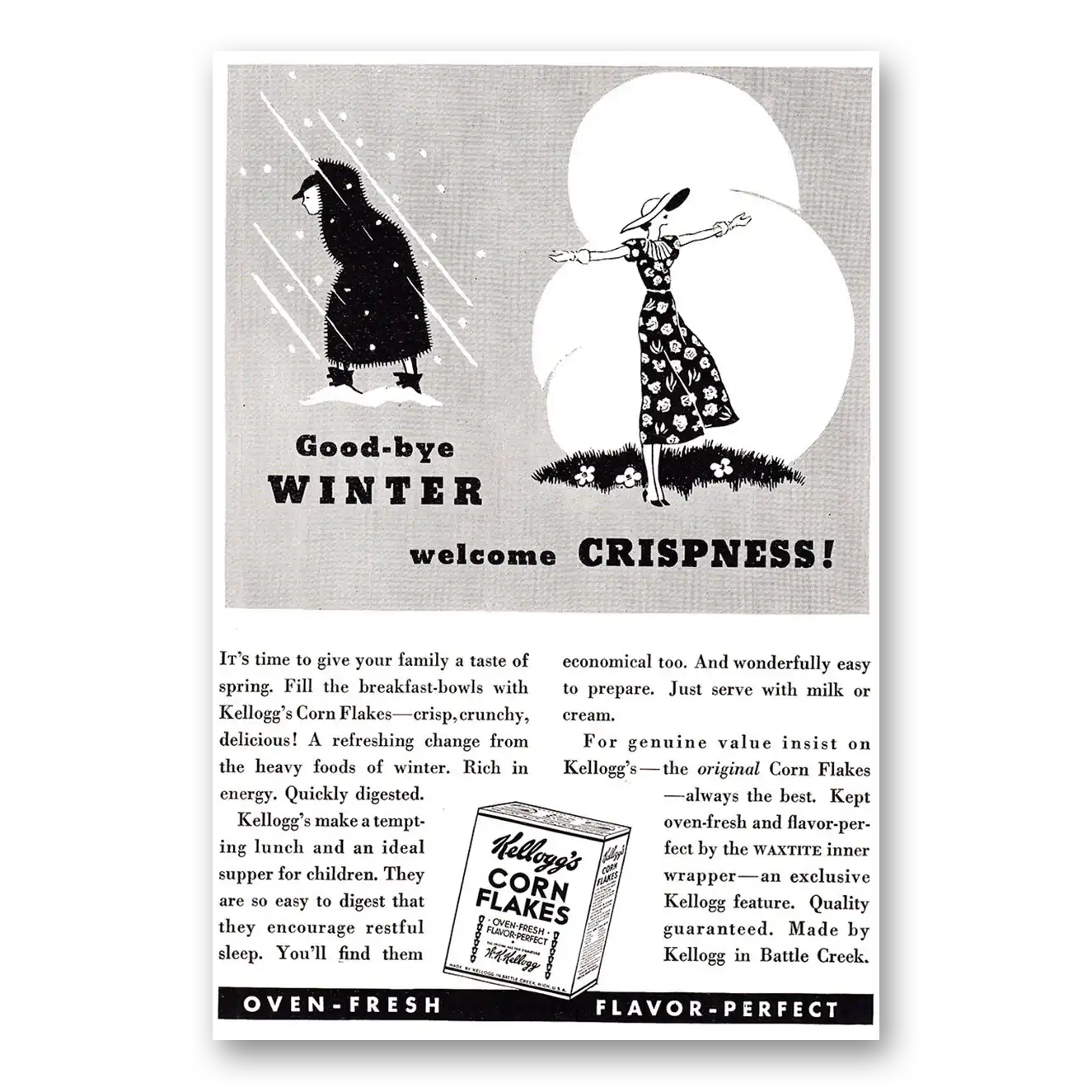 1935 Kelloggs Corn Flakes Good Bye Winter Welcome Crispness Vintage Magazine Print Ad