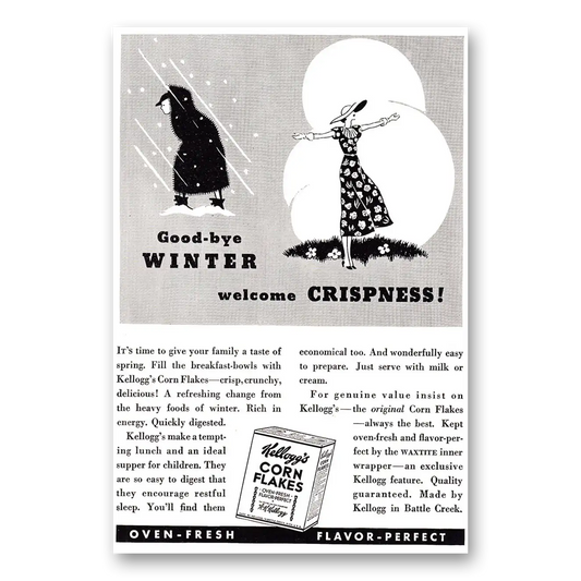 1935 Kelloggs Corn Flakes Good Bye Winter Welcome Crispness Vintage Magazine Print Ad