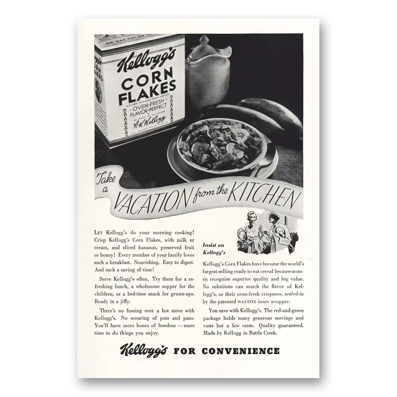 1935 Kelloggs Corn Flakes Take a Vacation From the Kitchen Vintage Magazine Print Ad