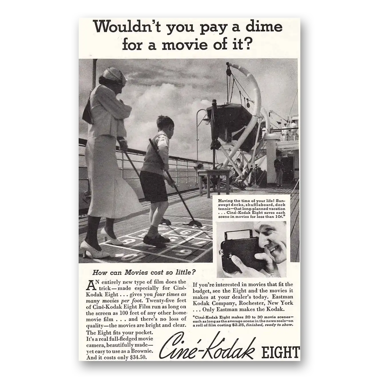 1935 Cine Kodak Eight Camera Ship Deck Shuffleboard Vintage Magazine Print Ad