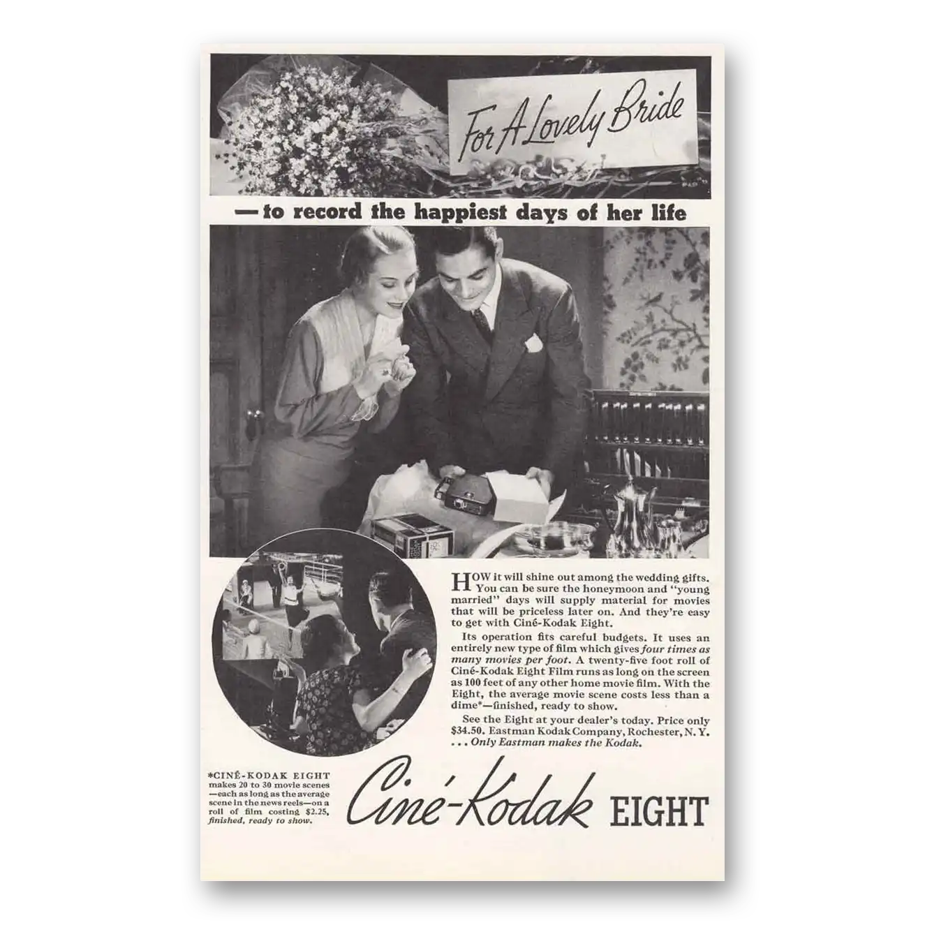 1935 Cine Kodak Eight Camera For a Lovely Bride Happiest Days Vintage Magazine Print Ad