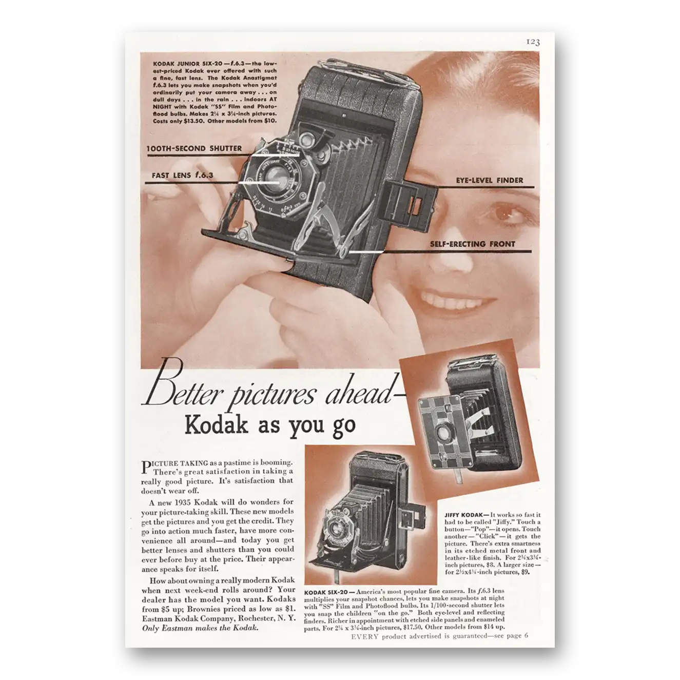 1935 Kodak Brownie Camera Junior Six 20 Better Pictures Ahead Vintage Magazine Print Ad