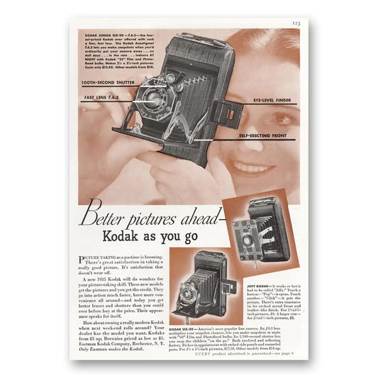 1935 Kodak Brownie Camera Junior Six 20 Better Pictures Ahead Vintage Magazine Print Ad