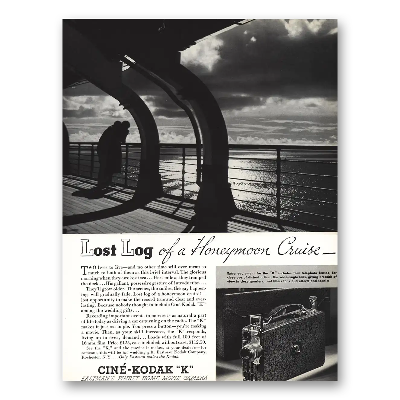 1935 Cine Kodak K Camera Lost Log Honeymoon Cruise Vintage Magazine Print Ad