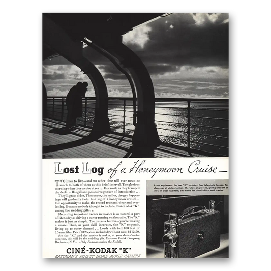 1935 Cine Kodak K Camera Lost Log Honeymoon Cruise Vintage Magazine Print Ad