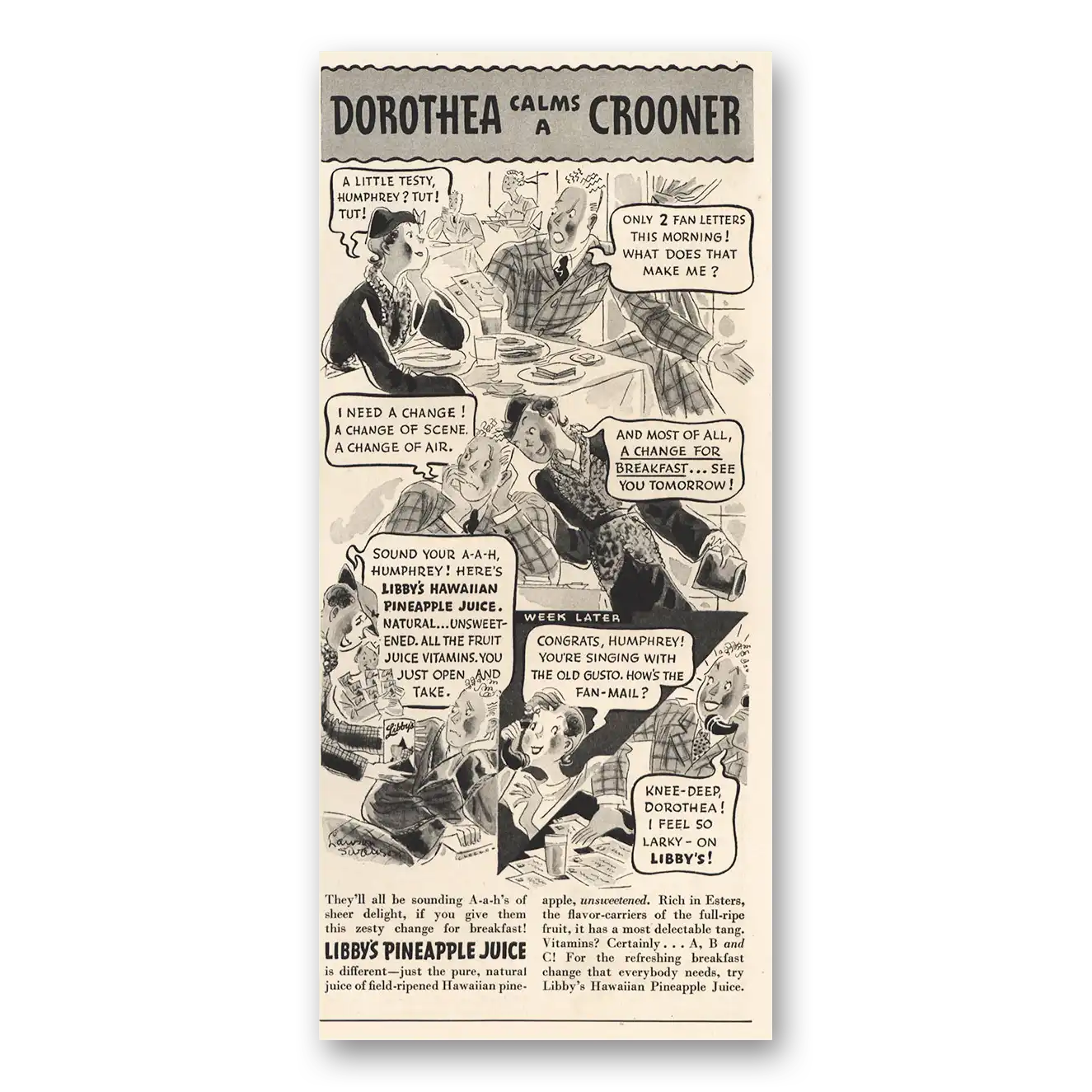 1935 Libbys Pineapple Dorothea Calms a Crooner Vintage Magazine Print Ad