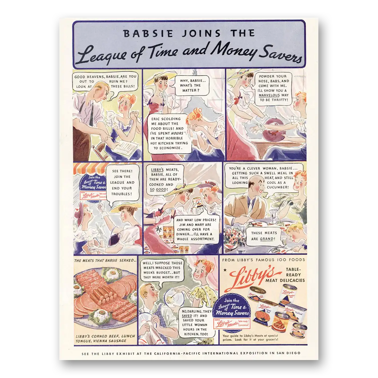 1935 Libbys Table Ready Meat Delicacies Babsie Joins the League of Time Vintage Magazine Print Ad