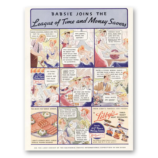 1935 Libbys Table Ready Meat Delicacies Babsie Joins the League of Time Vintage Magazine Print Ad