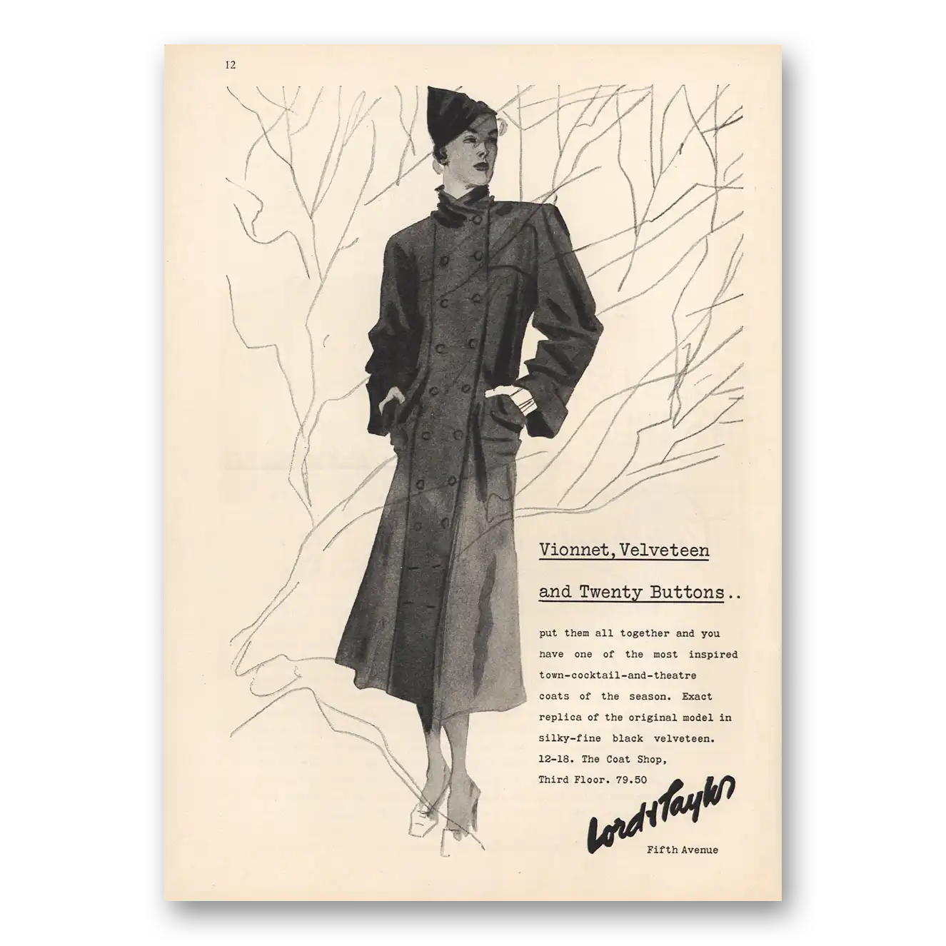 1935 Lord & Taylor Vionnet Velveteen Twenty Buttons Vintage Magazine Print Ad