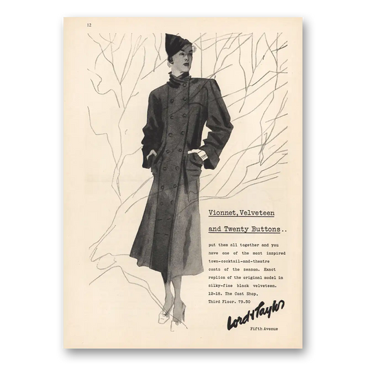 1935 Lord & Taylor Vionnet Velveteen Twenty Buttons Vintage Magazine Print Ad