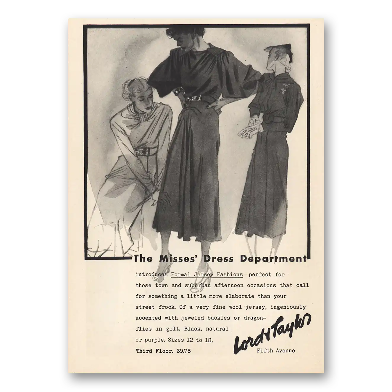 1935 Lord & Taylor Misses Dress Department Vintage Magazine Print Ad