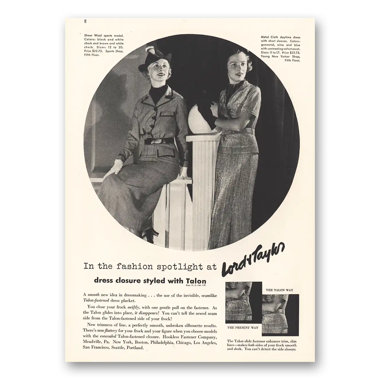 1935 Lord & Taylor Fashion Spotlight Vintage Magazine Print Ad