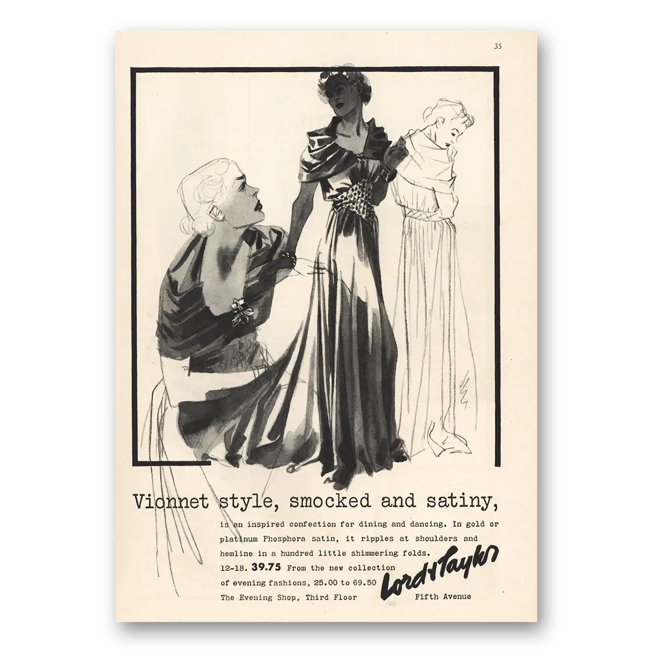 1935 Lord & Taylor Vionnet Style Smocked Satiny Vintage Magazine Print Ad