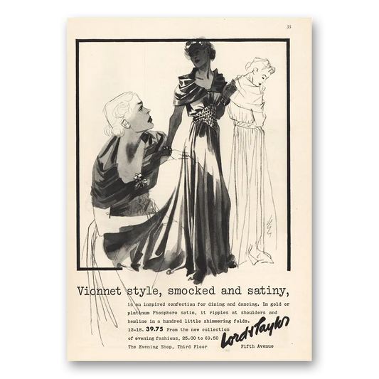 1935 Lord & Taylor Vionnet Style Smocked Satiny Vintage Magazine Print Ad