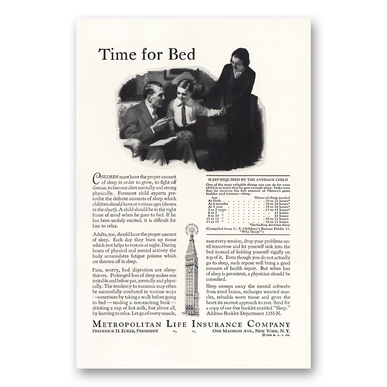 1935 Metropolitan Life Insurance Time for Bed Vintage Magazine Print Ad