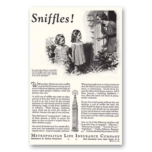 1935 Metropolitan Life Insurance Sniffles Wise Mother Vintage Magazine Print Ad